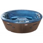 hot tub with blue shell and brown cabinet