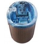 hot tub with blue shell and brown cabinet